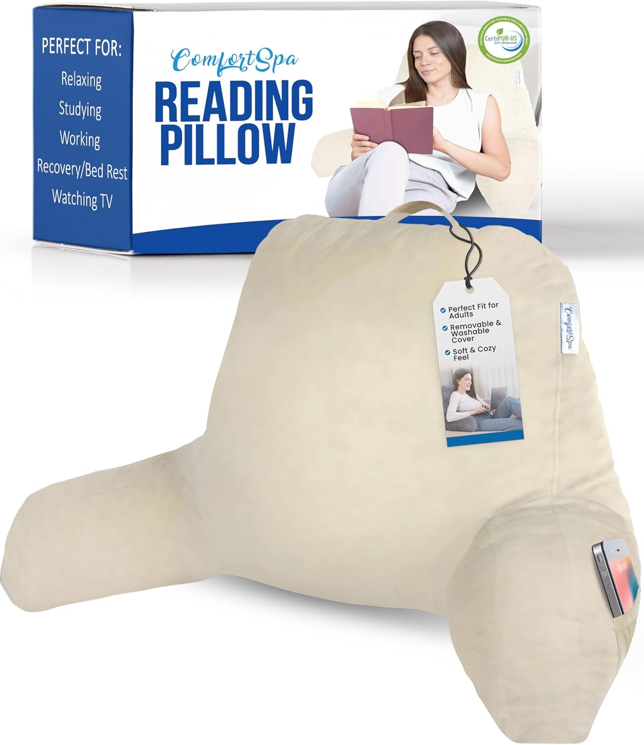 ComfortSpa Reading Pillow for Bed with Arms and Pockets