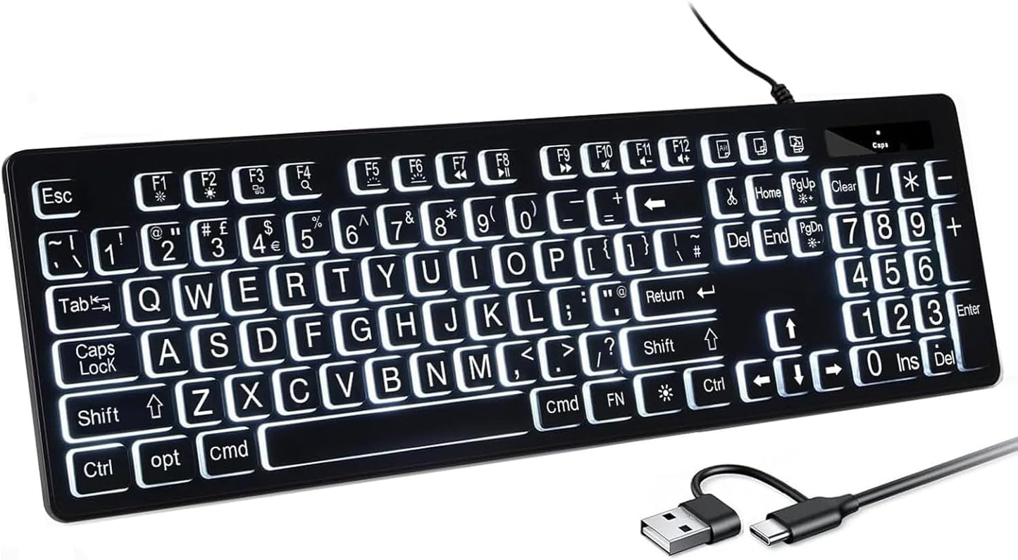 Large Print Illuminated LED Backlit Keyboard for Mac Users