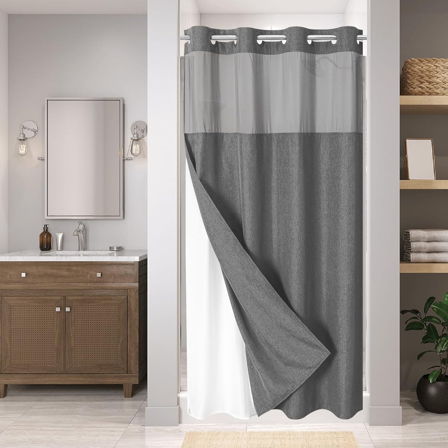 Linen Textured Shower Curtain with Snap-in Liner for Luxury Bath