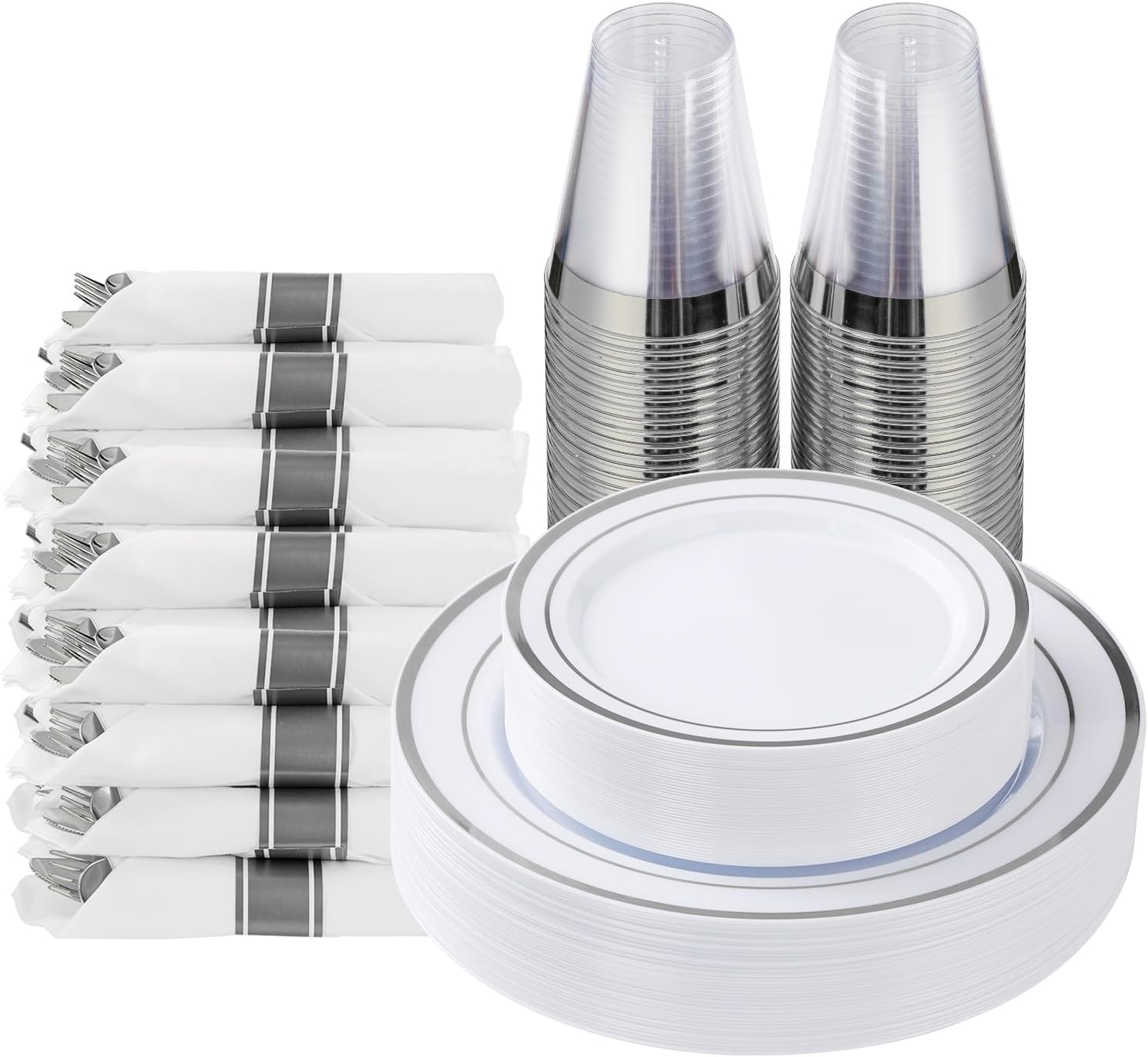 175 Piece Silver Plastic Dinnerware Set for 25 Guests