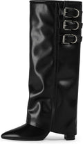 Knee High Fold Over Boots Women - Chunky 3.5in Heel, Wide Calf