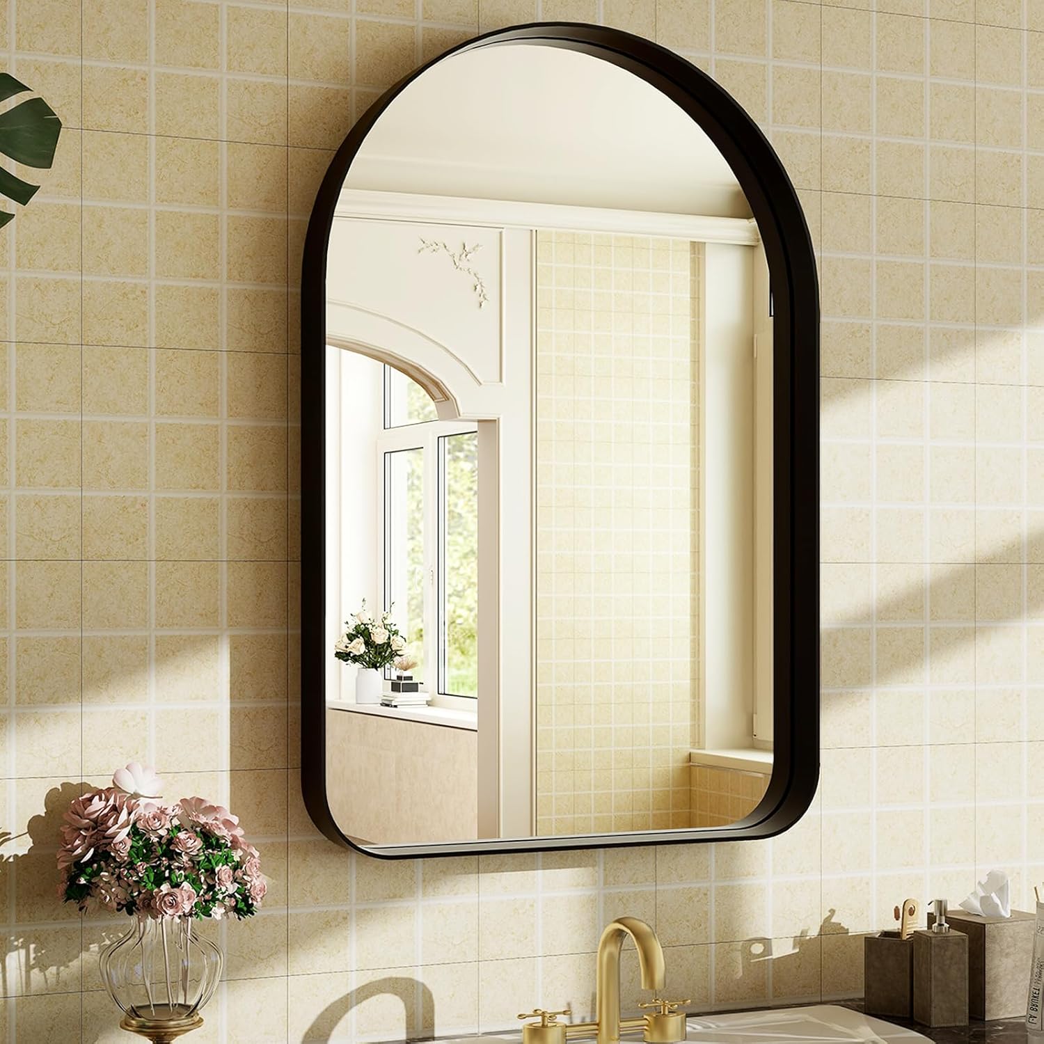 30inx20in Arched Bathroom Mirror - Modern Black Wall Decor