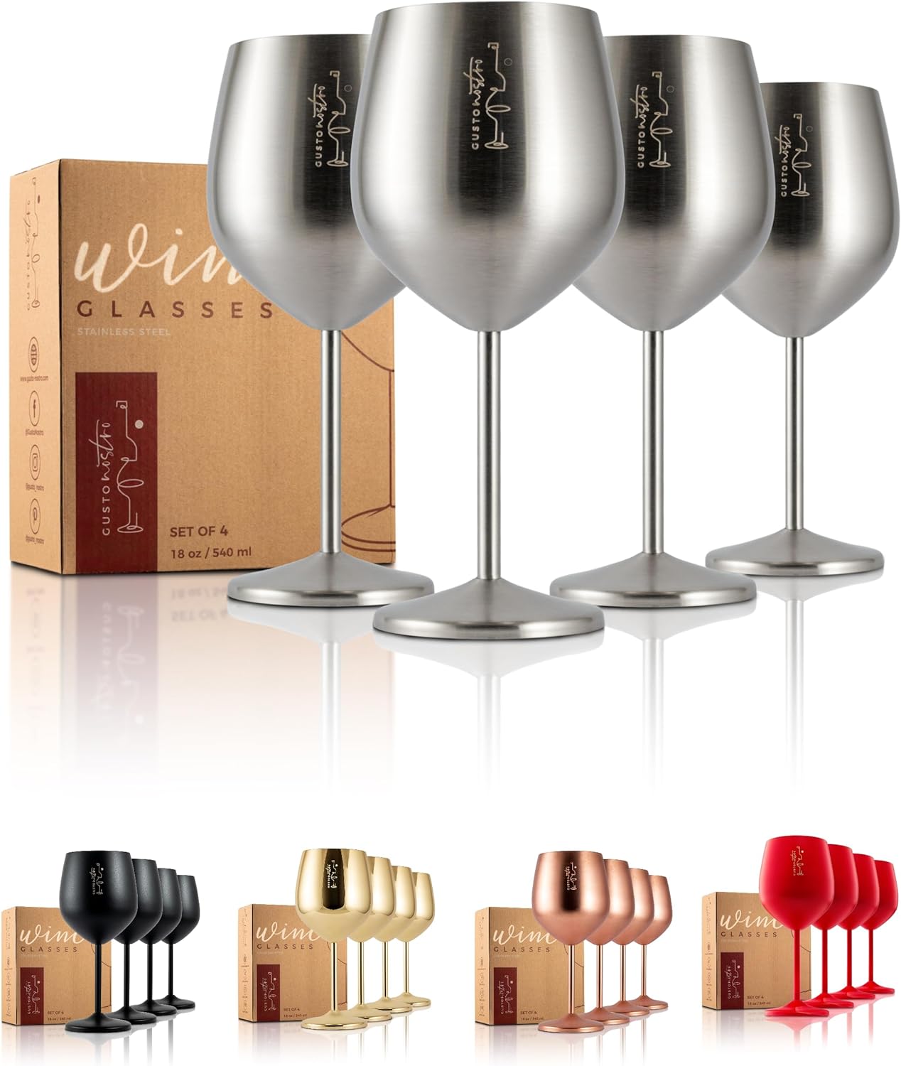 Gusto Nostro Stainless Steel Wine Glass Set - Unbreakable 18 oz