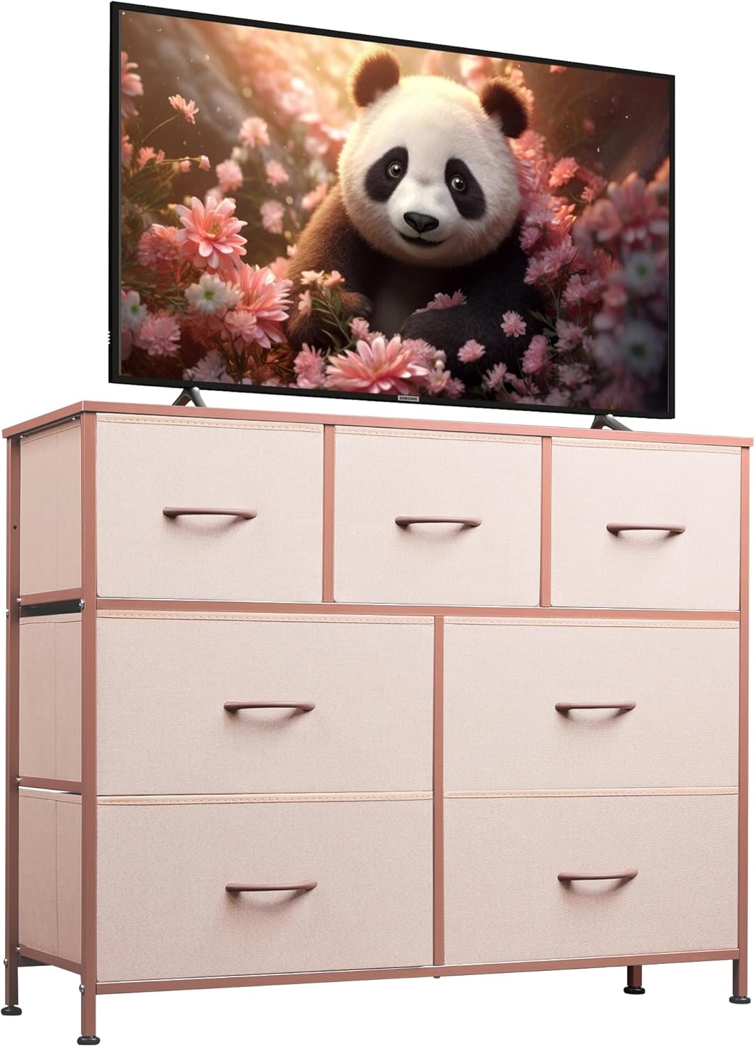 Pink 7 Drawer Dresser TV Stand | Metal Frame | Wood Top | TV up to 45 | Bedroom & Living Room