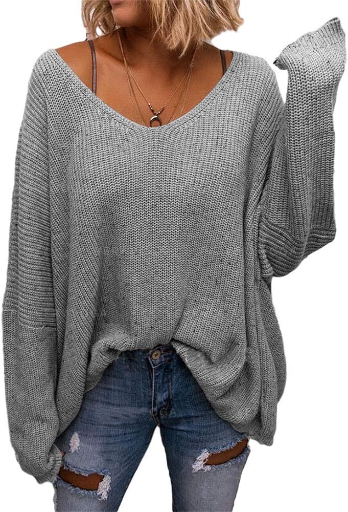 Stylish BZB Women's V Neck Long Sleeve Knit Oversized Sweater