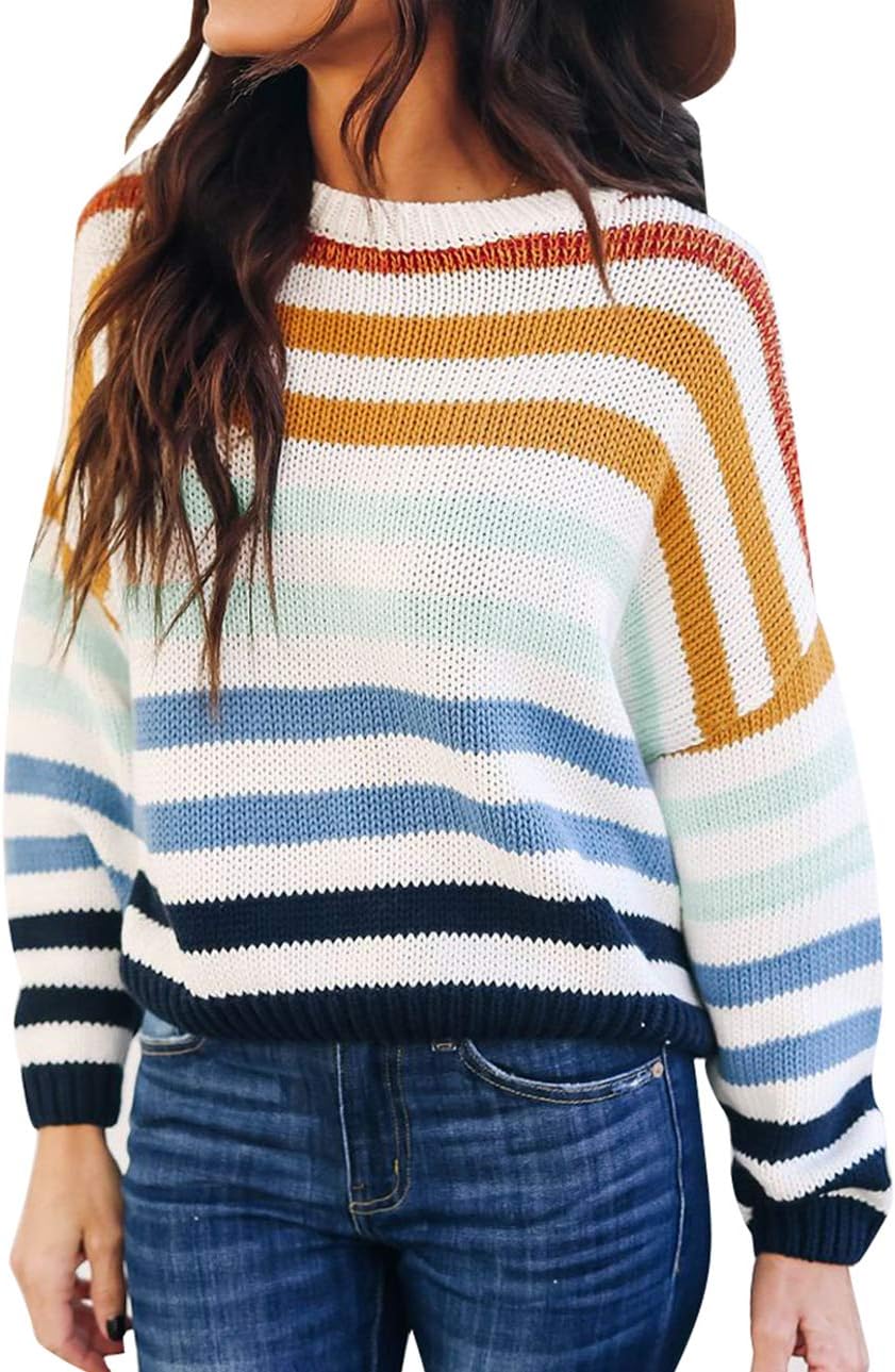 ZESICA Women's 2024 Fall Long Sleeve Striped Color Block Sweater