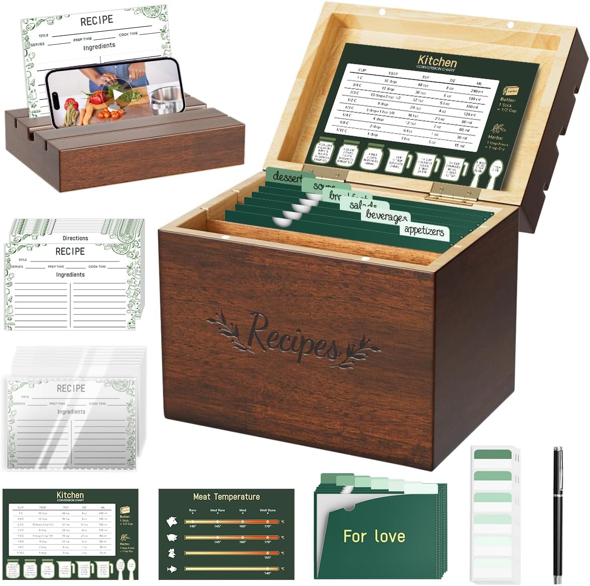 Wooden Recipe Box Set with Cards and Dividers for Organizing