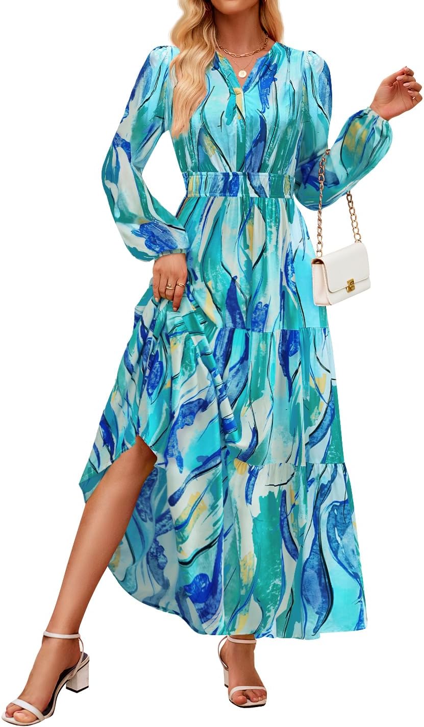 ZESICA Women's Floral Print Long Sleeve Maxi Dress for Fall