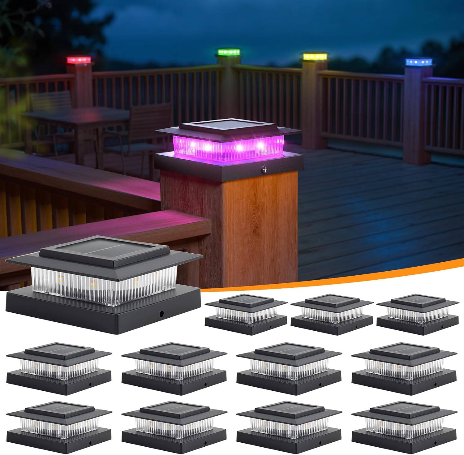 APONUO Solar Post Cap Lights - RGB Color Changing 12 Pack