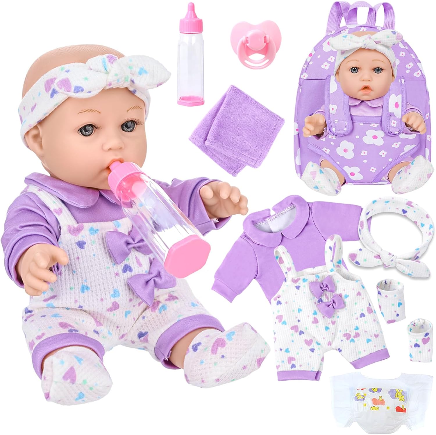 12 Realistic Baby Doll Set with Backpack Carrier - Pretend Play Collection