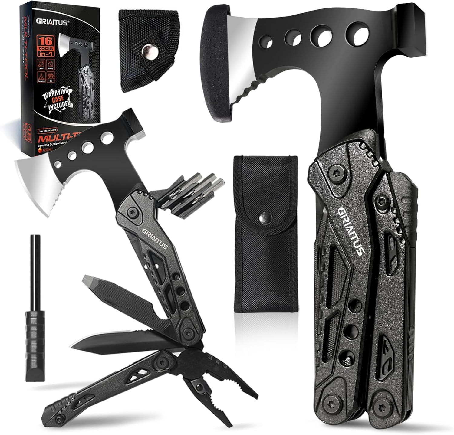 GIRIAITUS Camping Multitool 16-in-1 | Ultimate Survival Gear for Men | Axe, Hammer, Pliers, Saw
