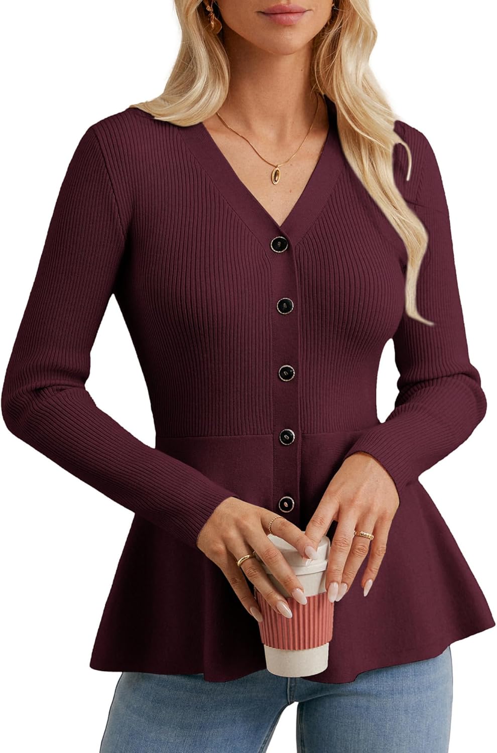 GRACE KARIN Long Sleeve Cardigan Sweaters for Women, Stylish Peplum
