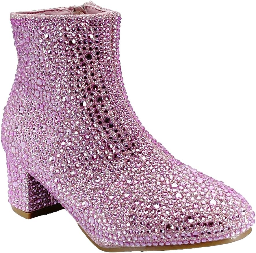 ABSOLEX Girle's Rhinestone Round Toe Block Heel Ankle Booties