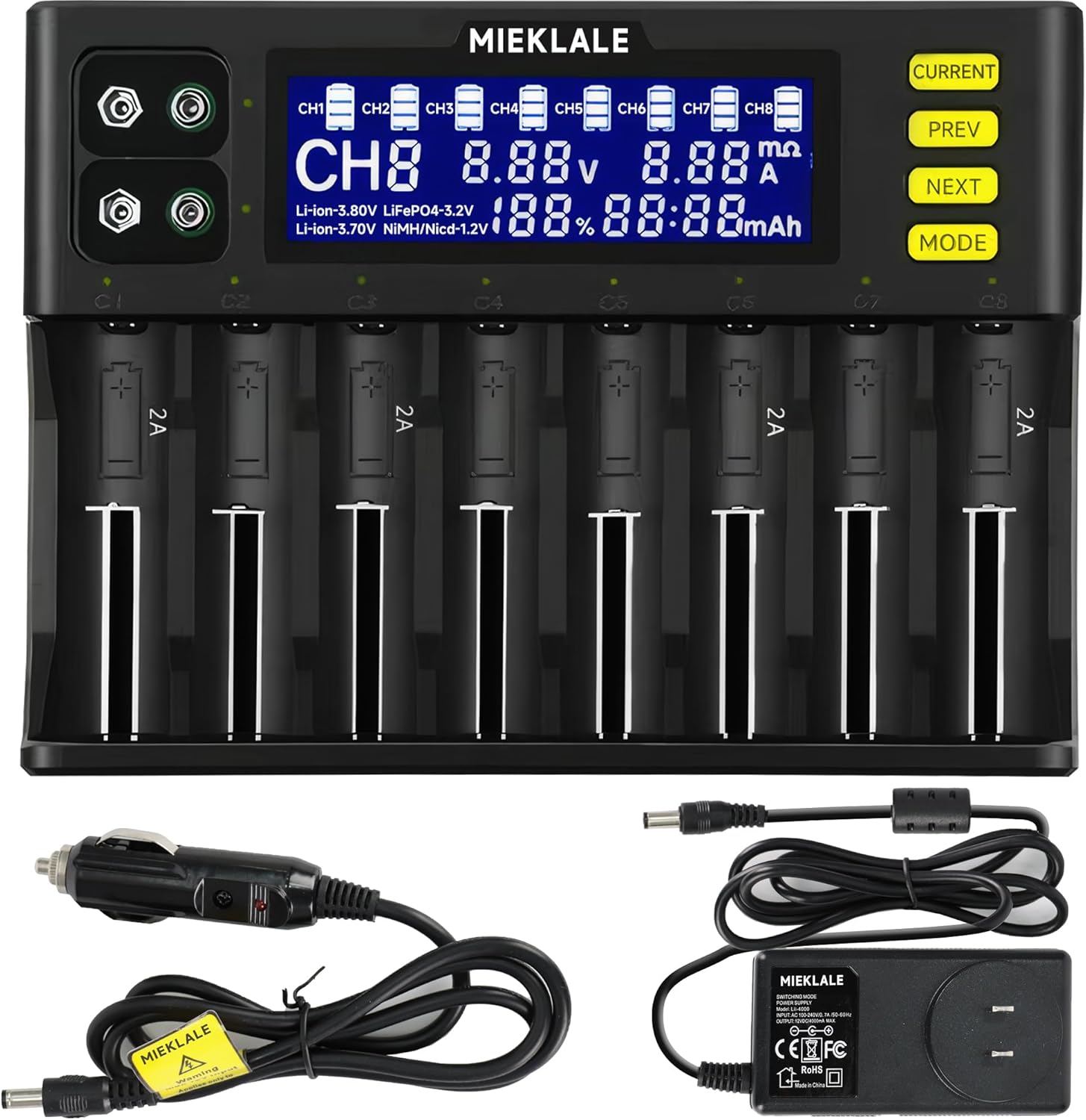MIEKLALE 18650 Battery Charger with LCD Display for All Sizes