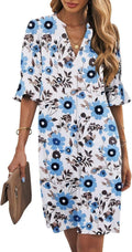 Women V Neck Shift Dress Short Sleeves Solid Color - Flowy Summer Fit