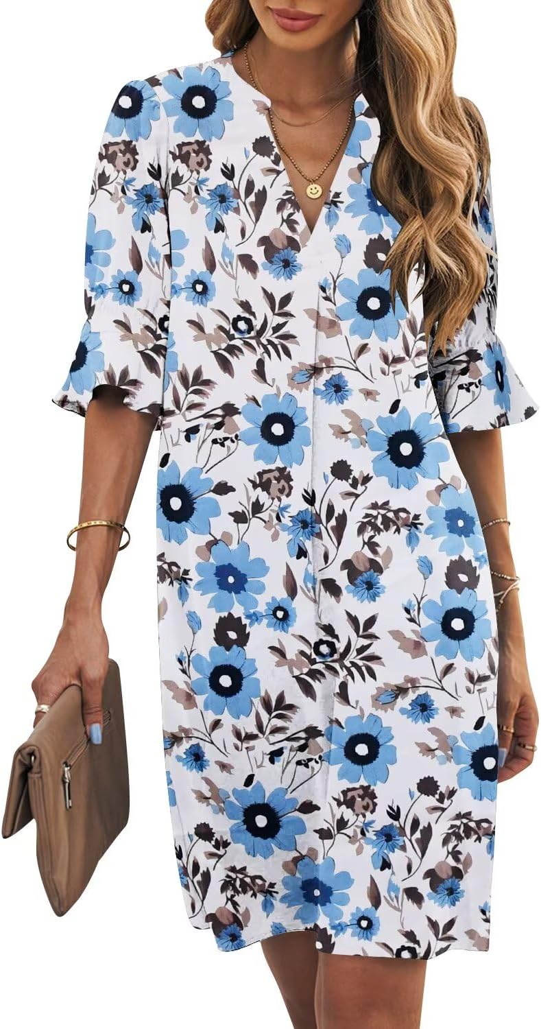 Wkior Shift Dress for Women V Neck Short Sleeves Casual Style