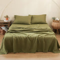 100% Pure Linen Sheet Set Full Size - Washed Olive Green