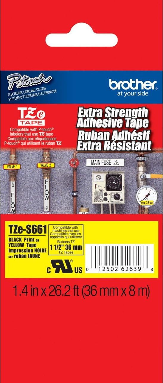 Brother 1-1/2in Black Print on Yellow Extra Strength Tape