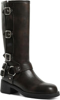 Knee High Riding Boots Women Wide Calf Square Toe - Vintage Buckle