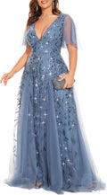 Plus Size A-Line Evening Dress with V-Neck and Sequin Embroidery