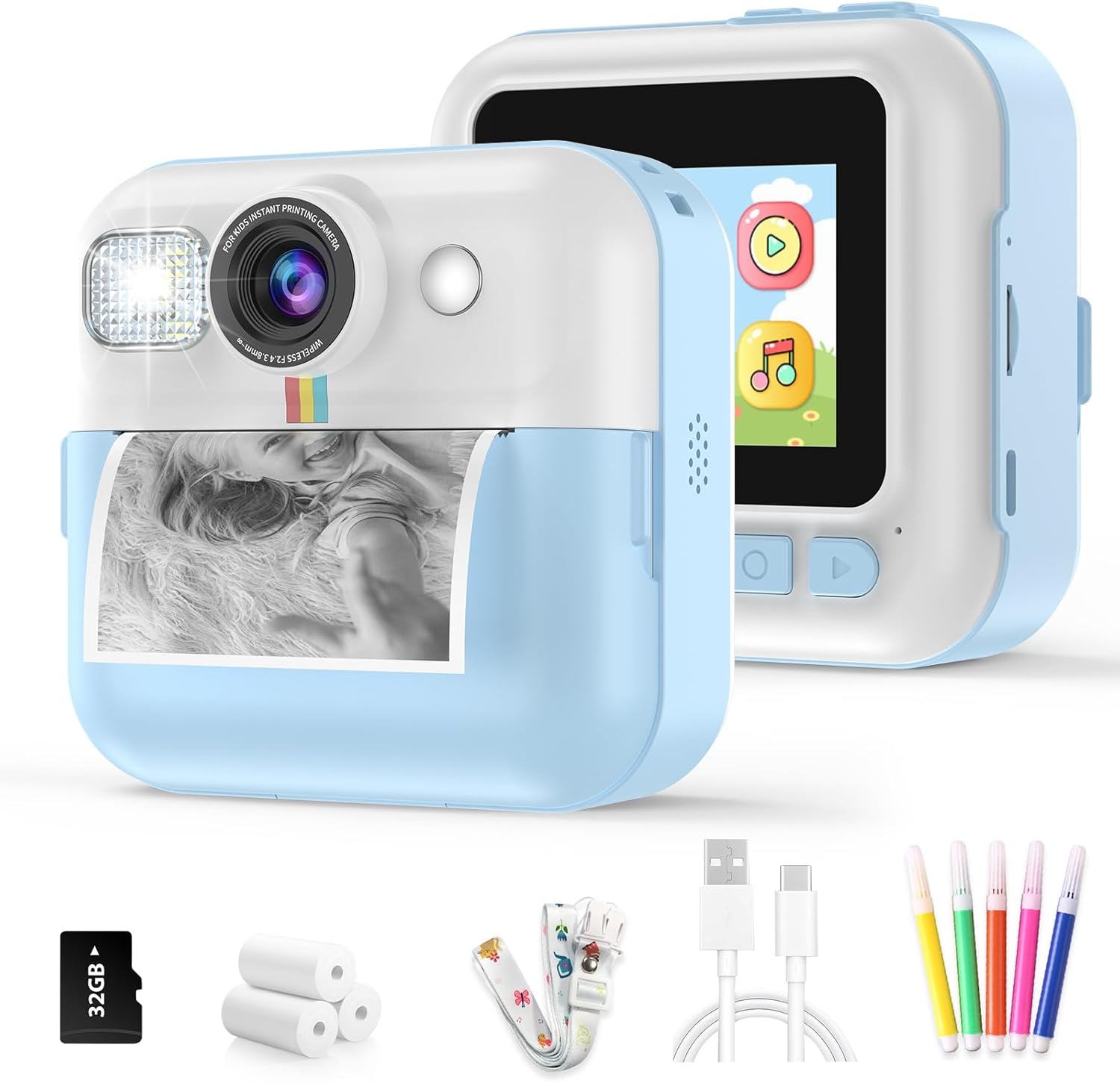 BOFIDAR Kids Instant Print Camera - 1080P Video, Blue, 32GB Card, 3 Print Papers
