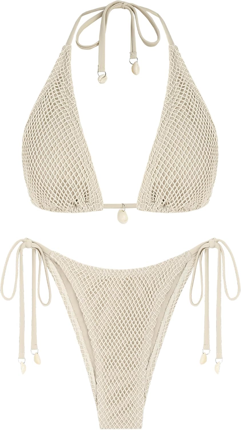 ZAFUL Women's Triangle Bikini Multiway Fishnet Tie Side Set