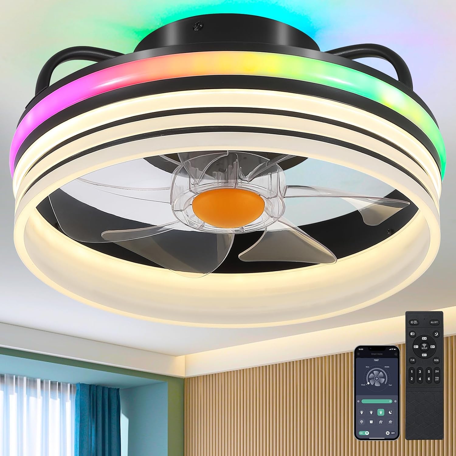 Flush Mount Ceiling Fan with Light - Stylish 13in RGB Fan