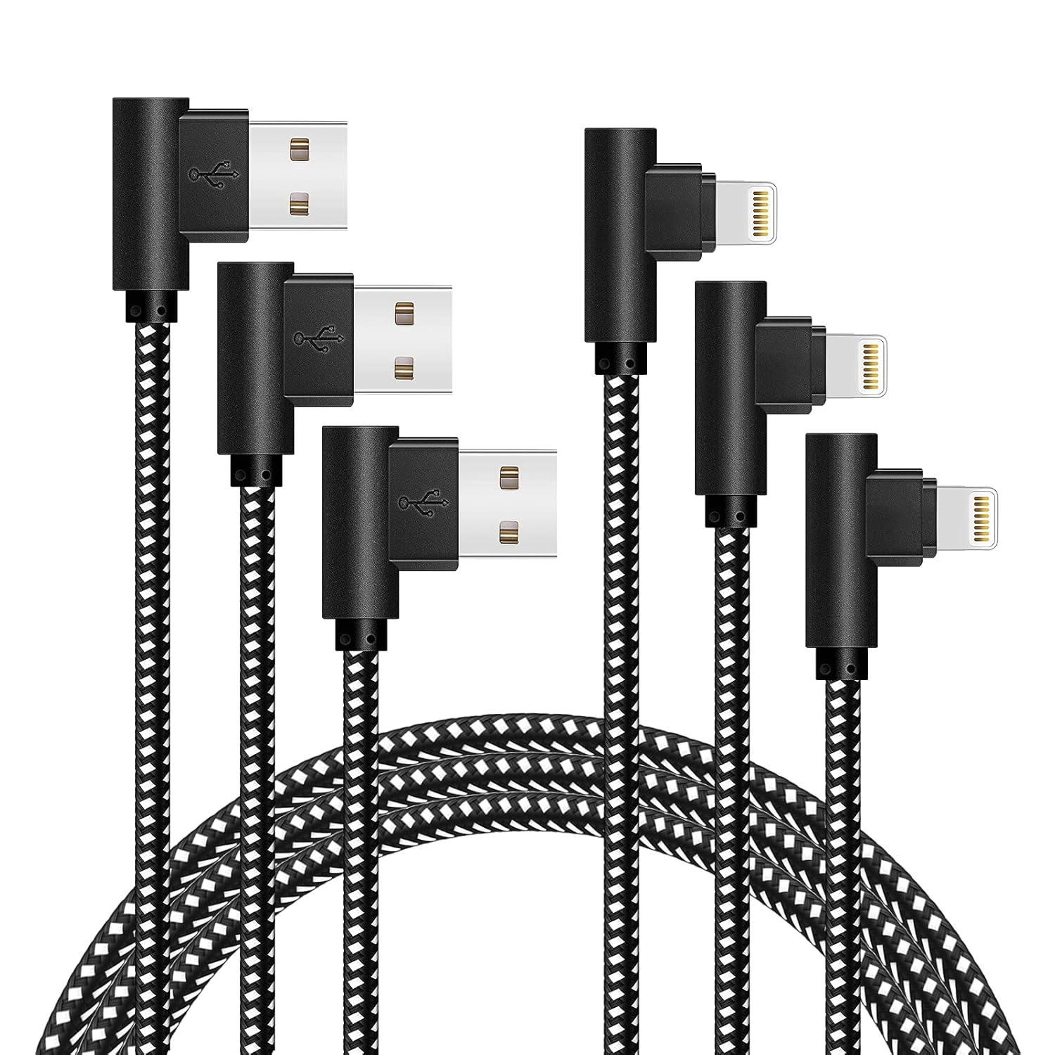 APFEN 3-Pack 90 Right Angle iPhone Charging Cable, 10ft Nylon Braided