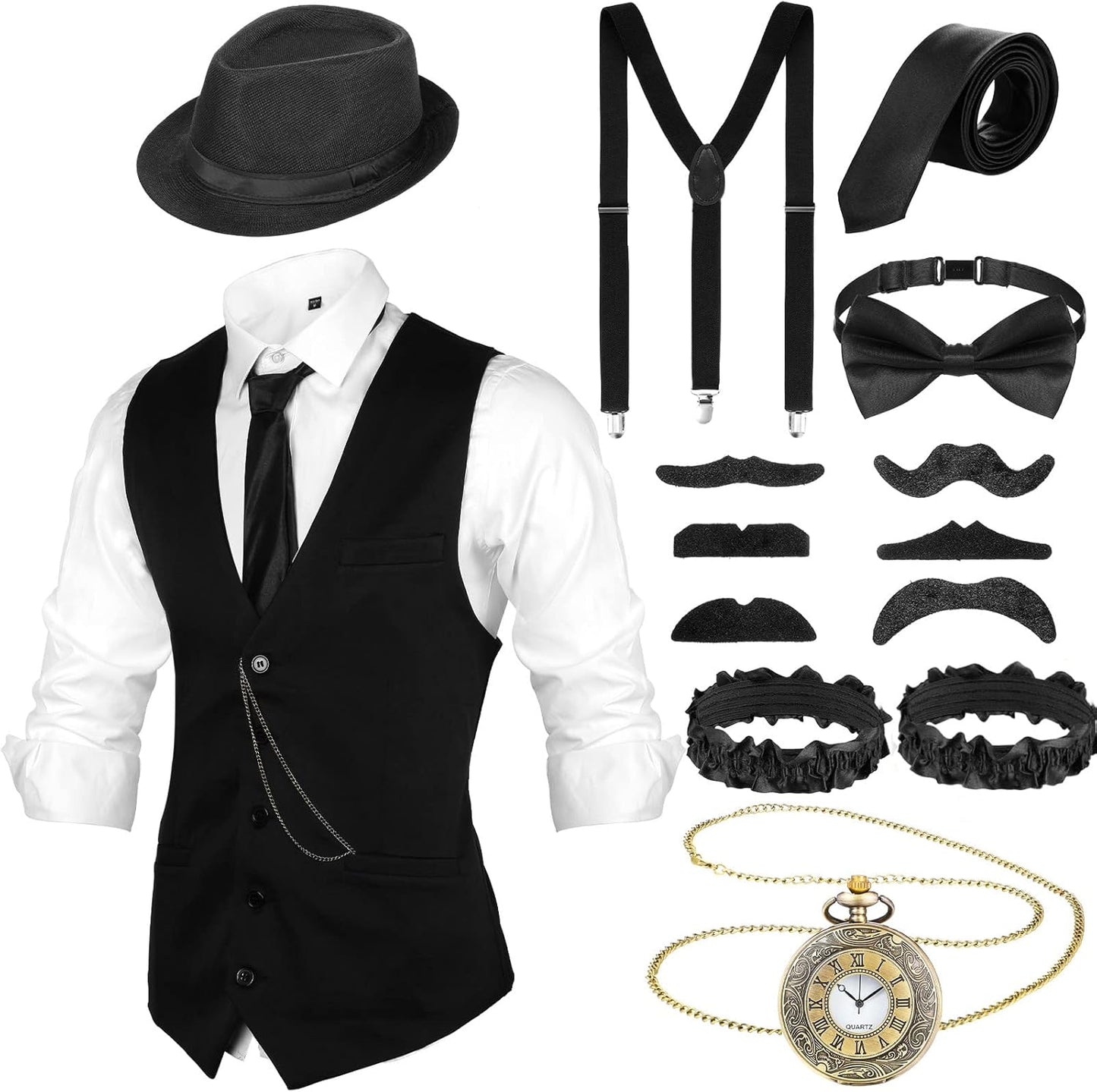 1920s Mens Costume Outfit with Vest, Hat, and Accessories
