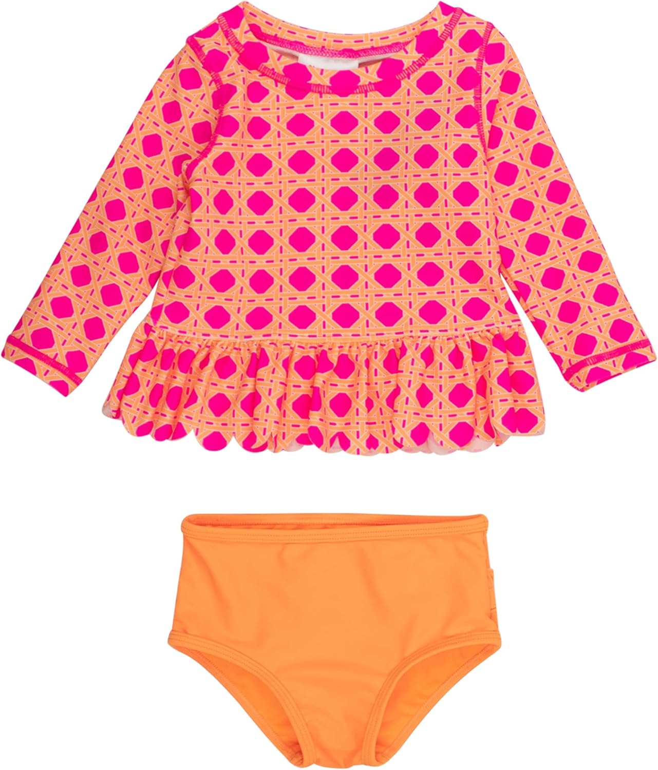 RuffleButts Baby Girls Scalloped Long Sleeve Rash Guard Swimsuit