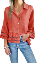 Cicy Bell Womens 3/4 Bell Sleeve Button Down Shirt - Ruffle Hem Blouse