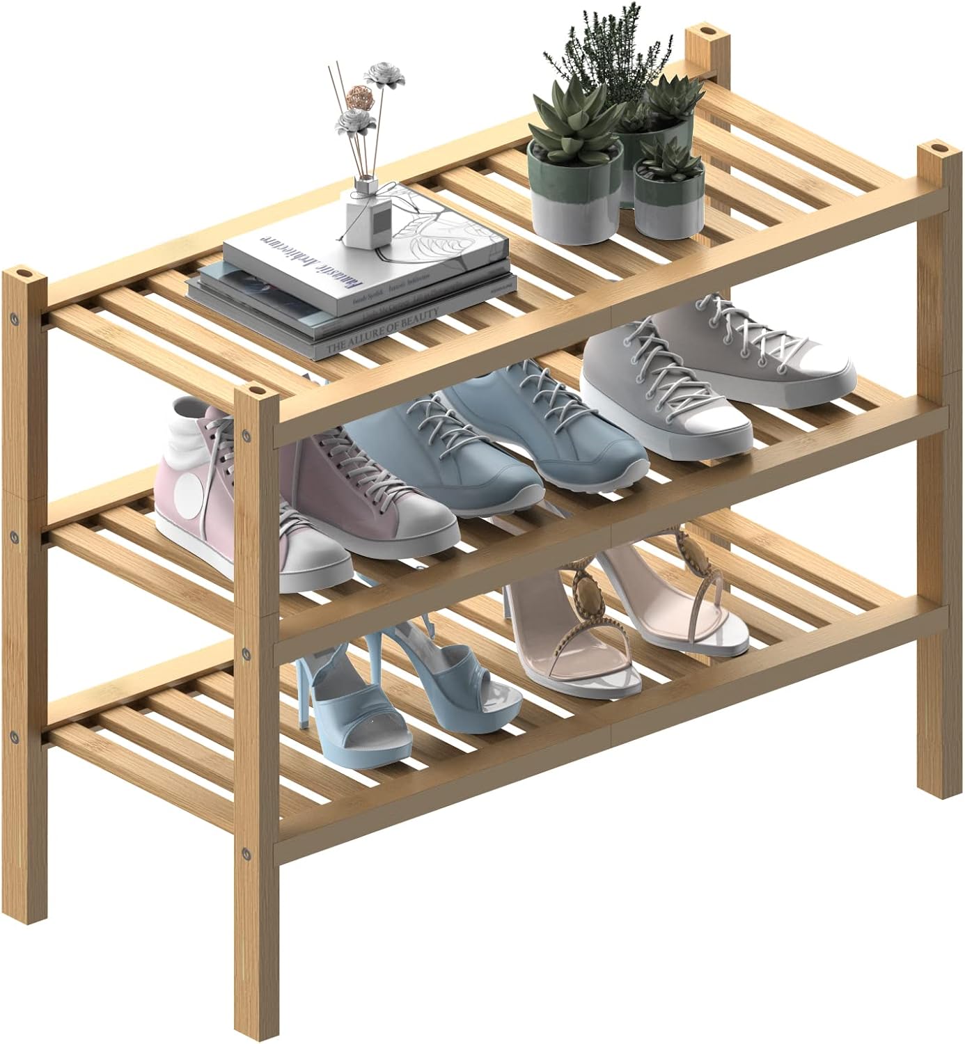 Thick Bamboo Shoe Rack for Entryway - 3-Tier Stackable Organizer