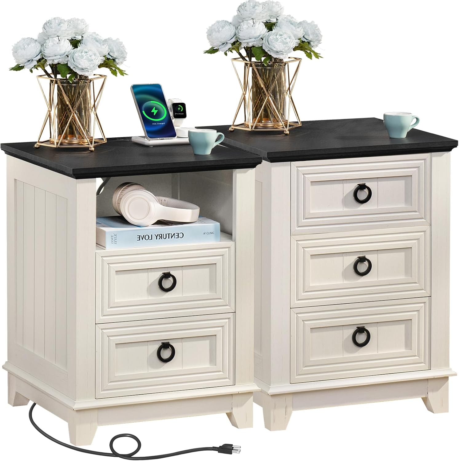 18 Farmhouse Night Stands Set of 2 with Charging Station