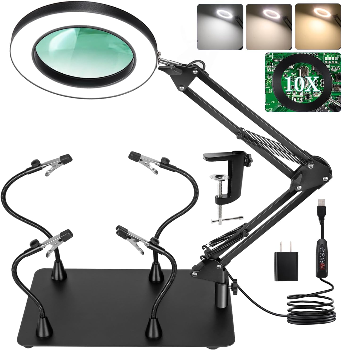 10X Magnifying Glass with Light and Magnetic Helping Hands Tool