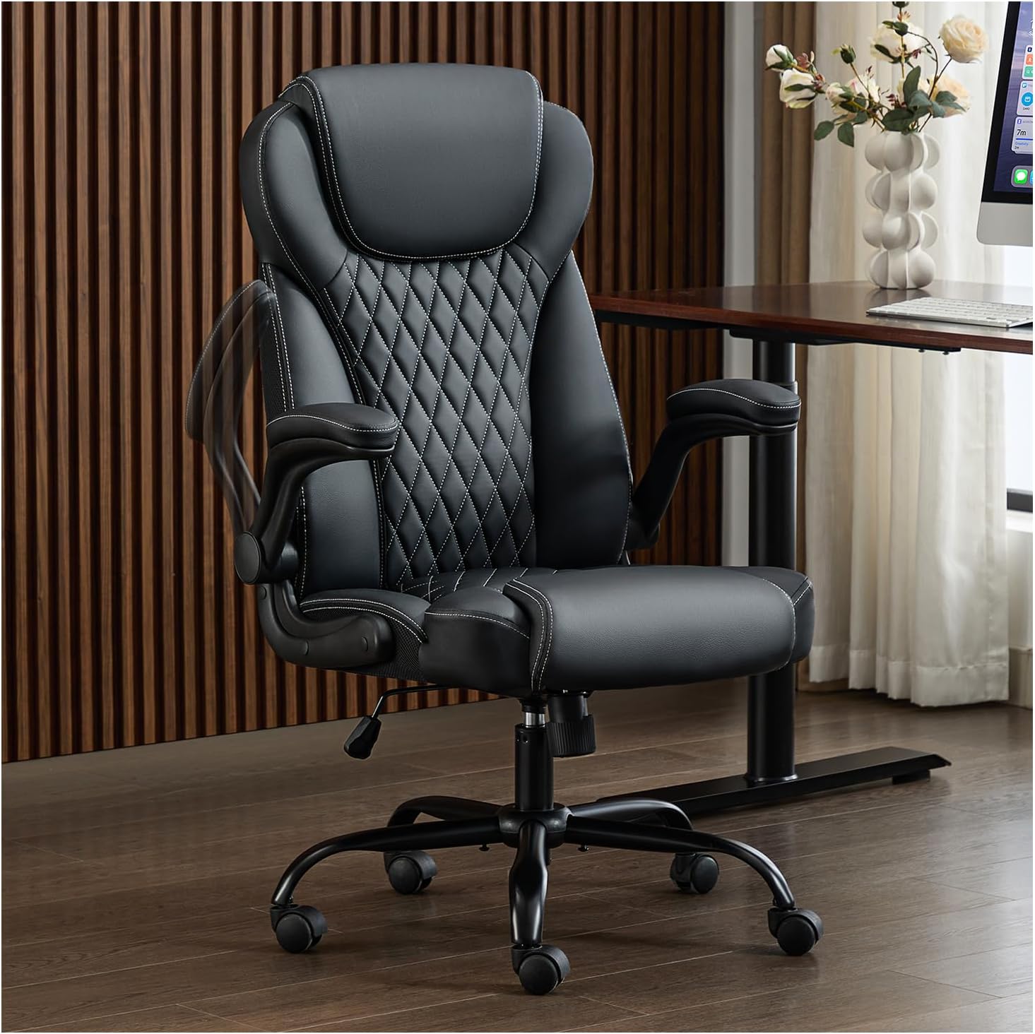 Ergonomic Leather Office Chair with Adjustable Flip-Up Arms