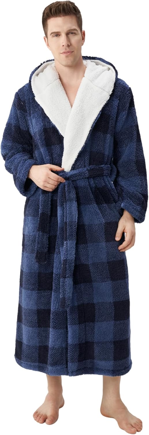 DAVID ARCHY Men's Hooded Robe Soft Coral Fleece Microfiber