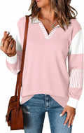 V Neck Long Sleeve Loose Sweaters Color Block Striped Knitted Pullover