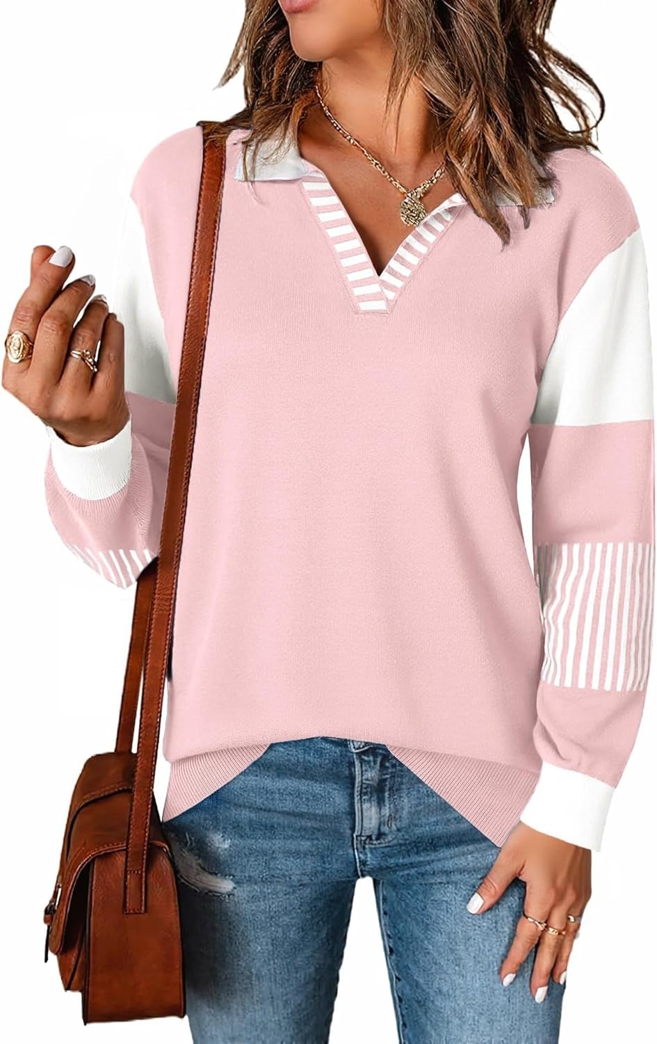 LOMON V Neck Long Sleeve Loose Sweaters for Stylish Comfort