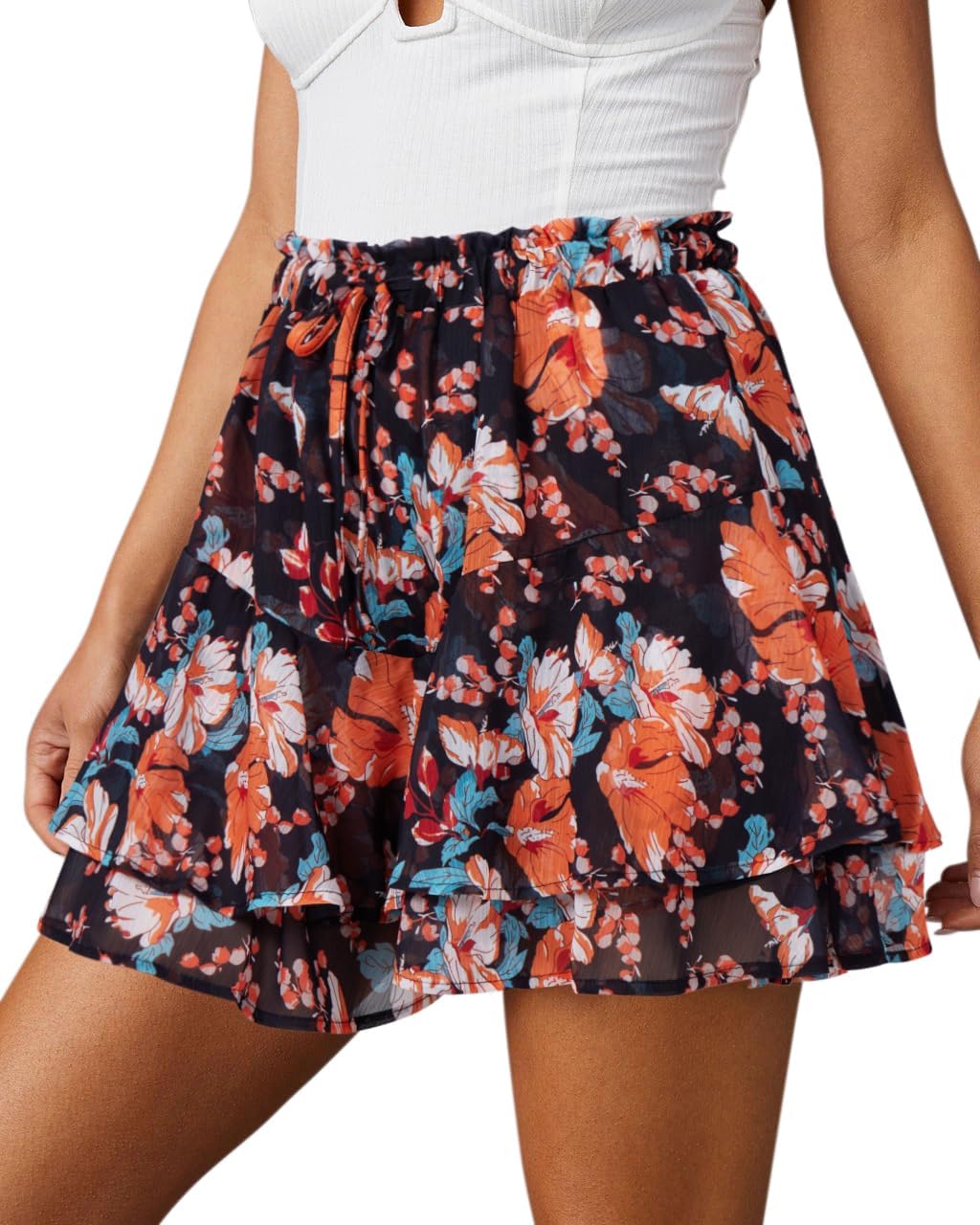 Flowy Shorts for Women Casual Boho Floral Skorts Ruffle Mini