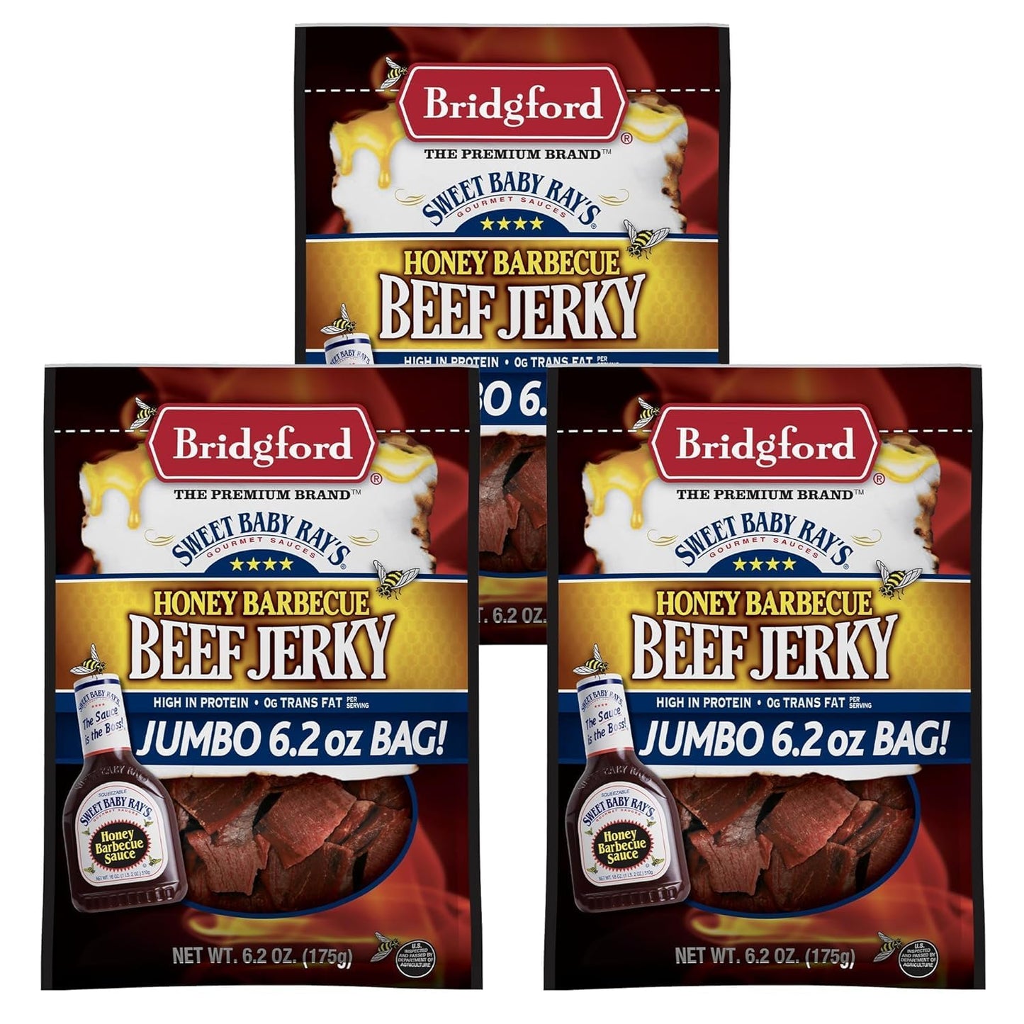 Bridgford Sweet Baby Rays Beef Jerky Honey BBQ - 3 Pack