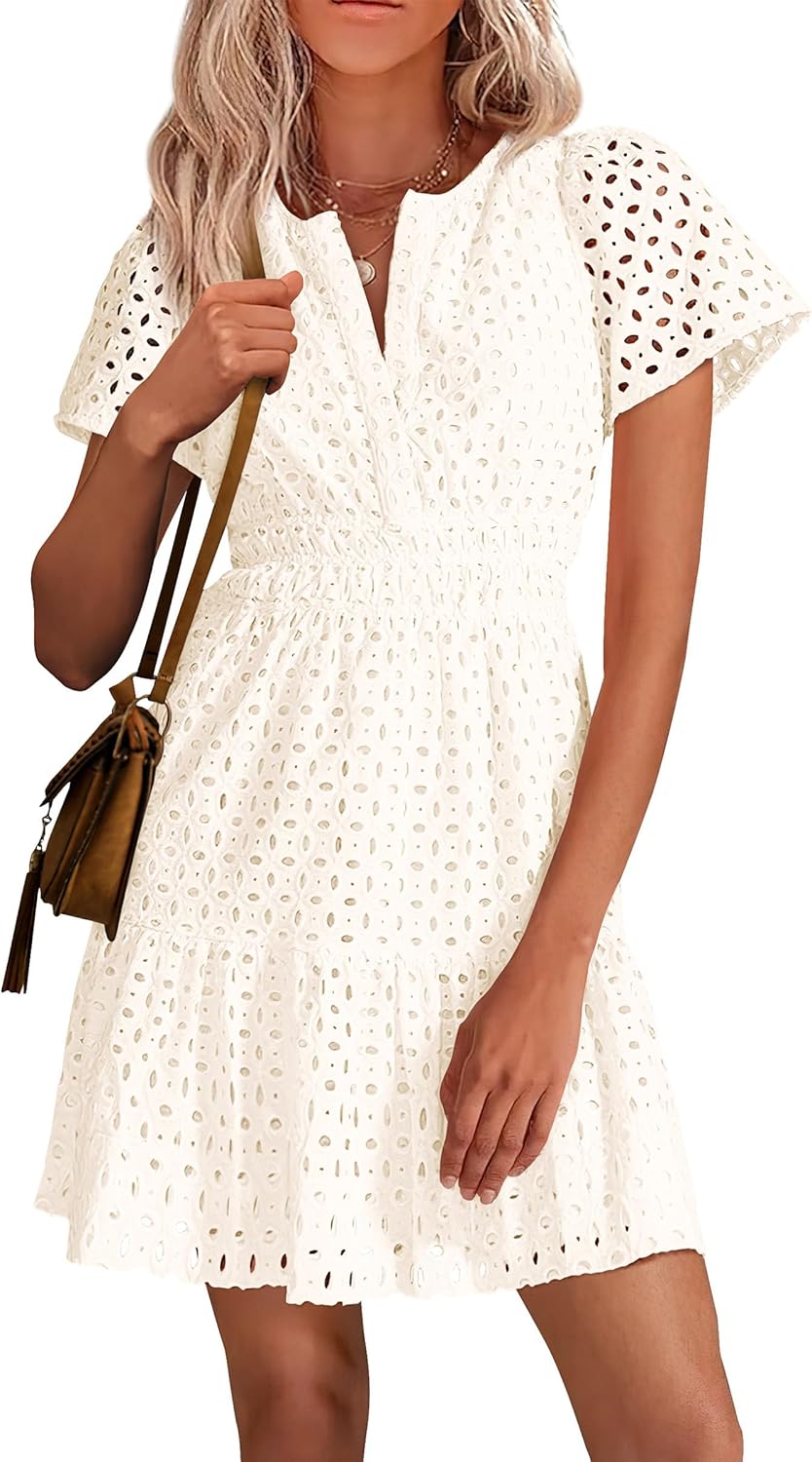 PRETTYGARDEN Womens Summer Short Dress V Neck Ruffle Casual
