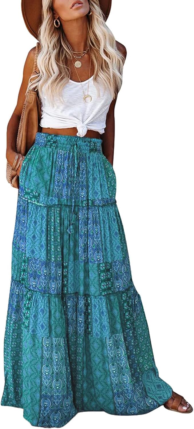 EARKOHA Womens Casual High Waist Tie Maxi Skirt with Pockets