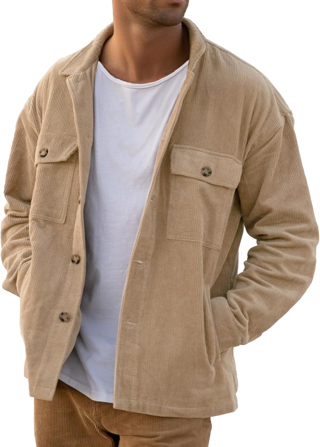PLEPAN Men's Corduroy Shacket with 4 Pockets for Style