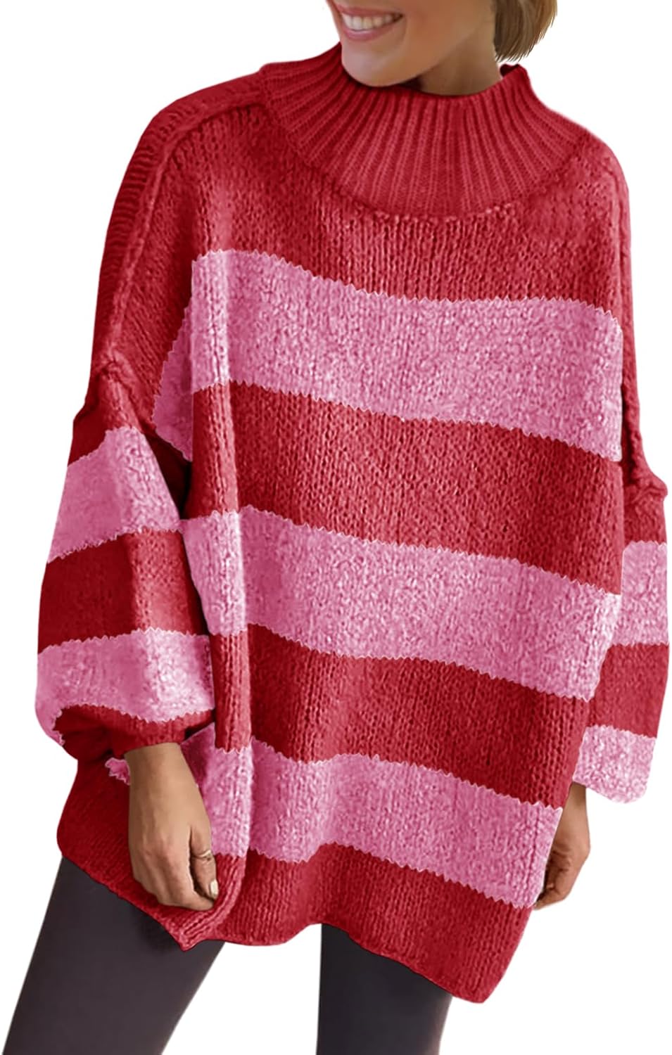 Oversized Striped Sweater for Women - Trendy Mock Neck Design