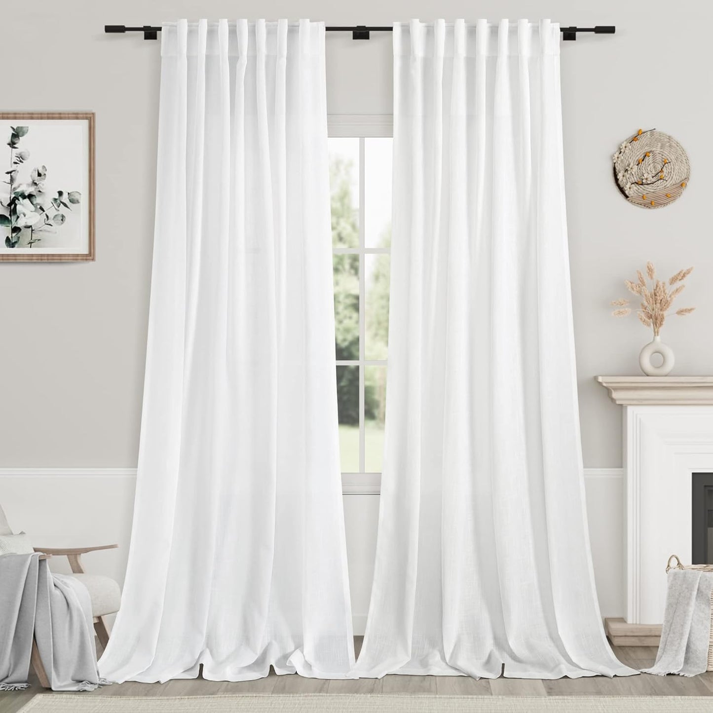 Linen White Curtains 120 inch Extra Long for Living Room Decor