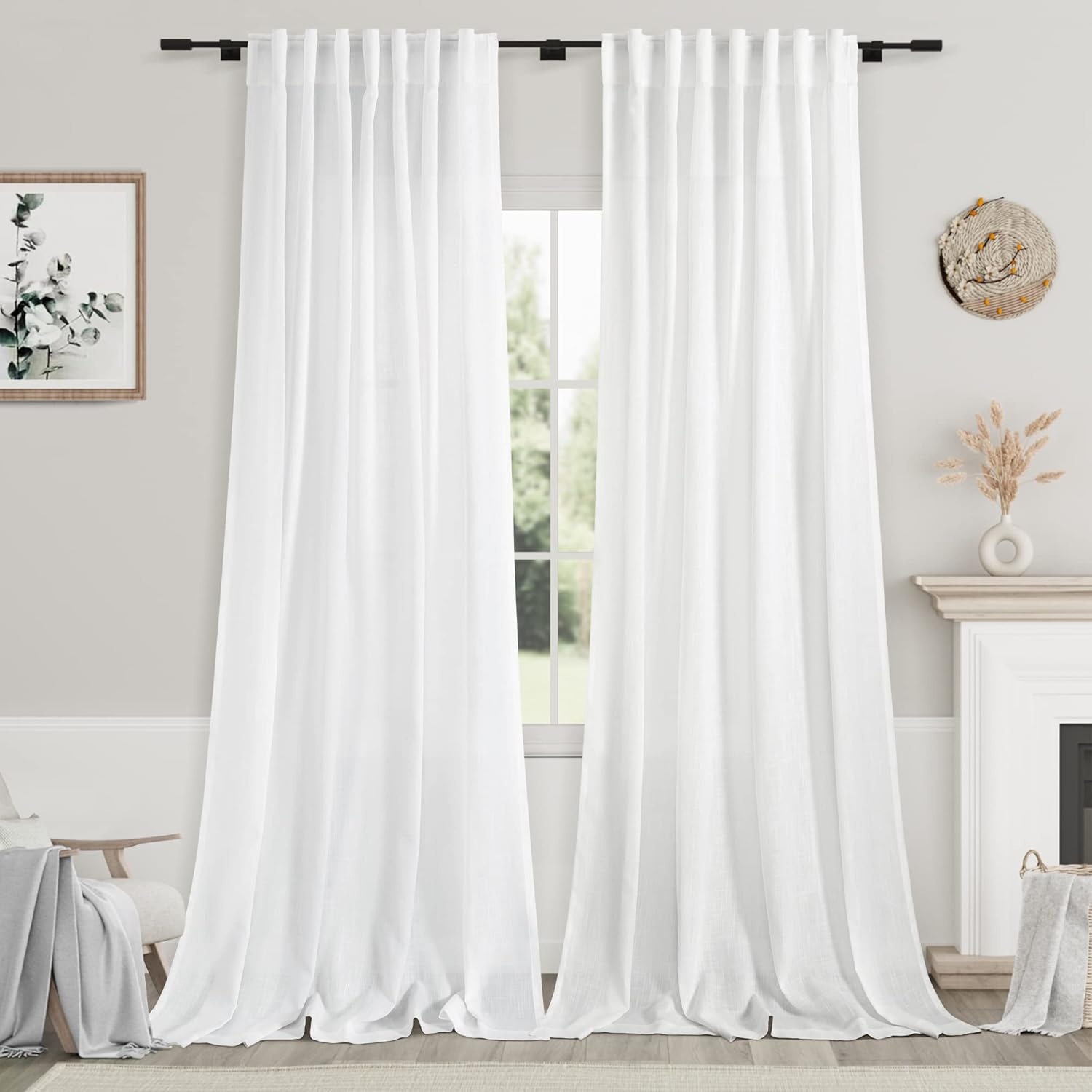 Linen White Curtains 120 inch Extra Long for Living Room Decor