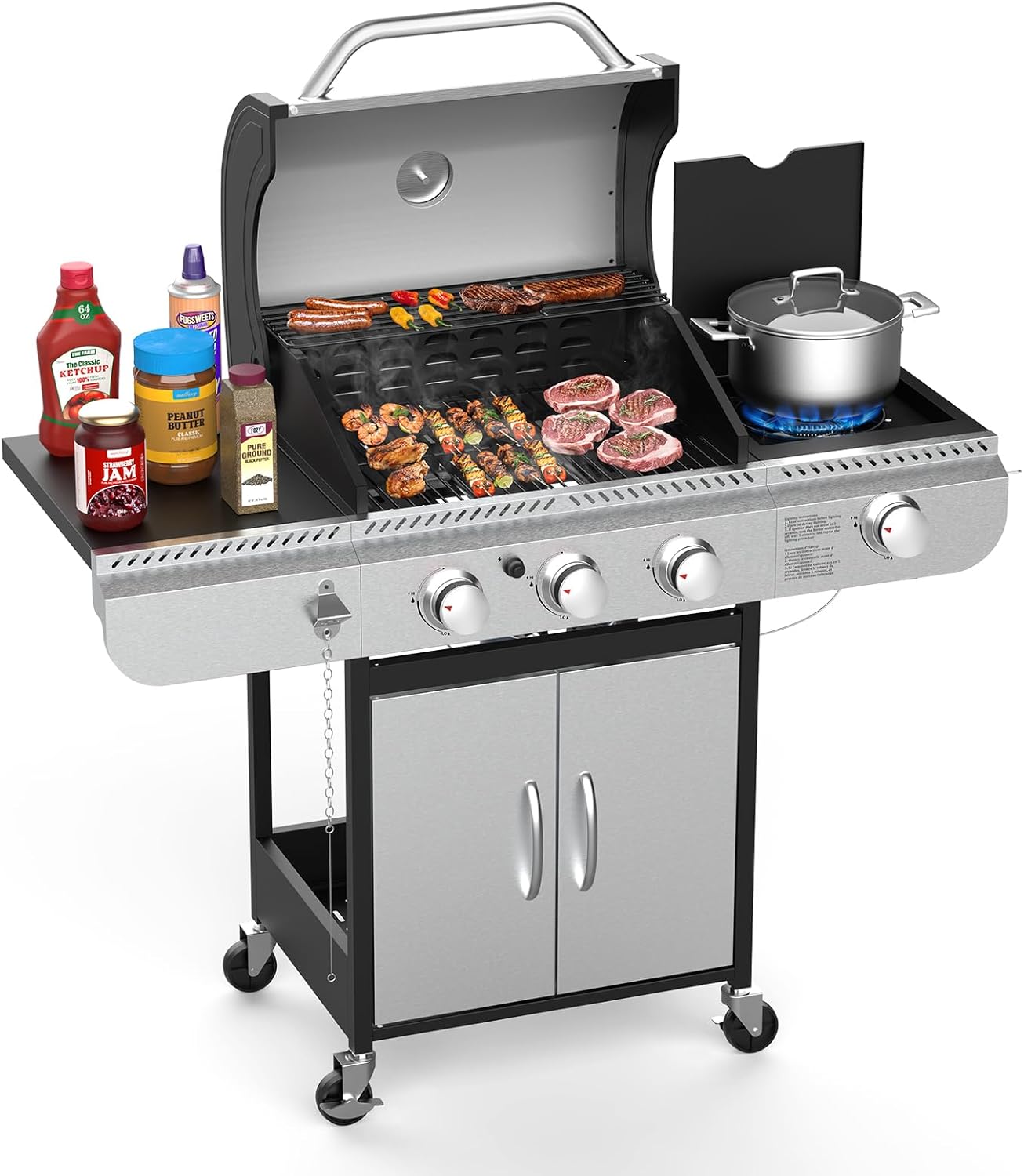 3-Burner Propane Gas Grill with Side Burner for Outdoor Cooking