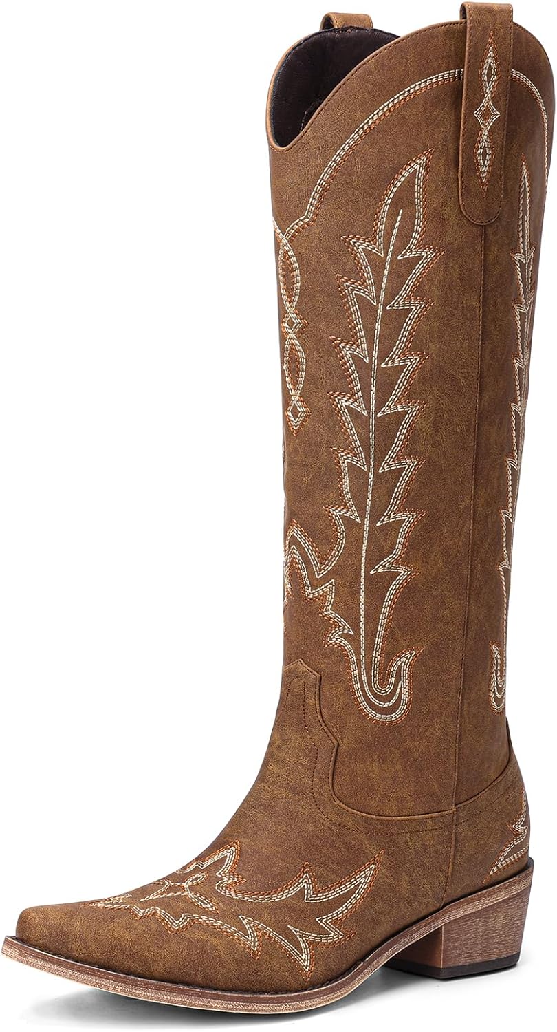 Cowboy Boots for Women - Knee High Pointed Toe Chunky Heel
