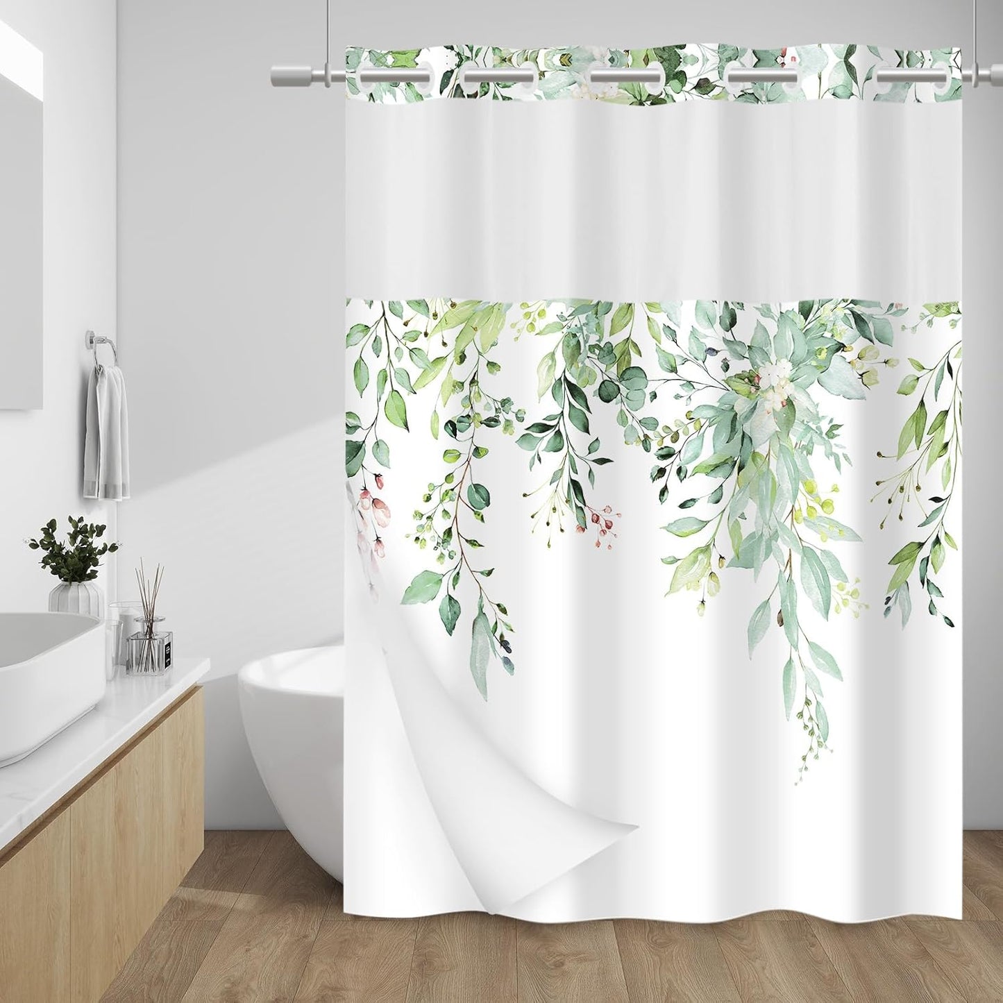 Modern Sage Green Eucalyptus Shower Curtain Set - Waterproof, Machine Washable