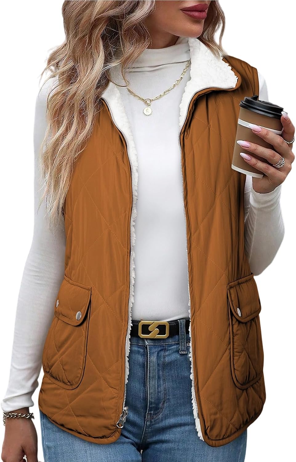 SHEWIN Women Puffer Vest Casual Stand Collar Sleeveless Jacket